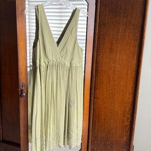 BCBGMaxAzria Olive Green Beaded V-Neck Midi Dress